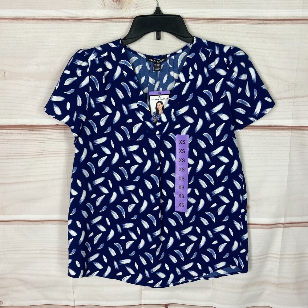 Hilary Radley Top Womens XS Blue Geometric Blouse V-Neck Flutter Sleeve Pullover